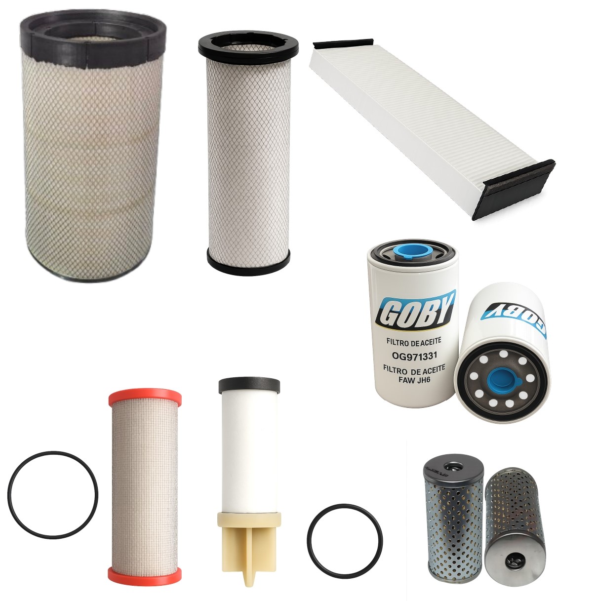 KIT FAW JH6 MAG961331R FILTRO AIRE PRINCIPAL, AG962331R FILTRO AIRE SECUNDARIO, ACG1004 FILTRO AIRE ACONDICIONADO, HG971005 FILTRO CARTUCHO, OG971331 FILTRO ACEITE, GG1001 FILTRO GAS ALTA, GG1002 FILTRO DE BAJA